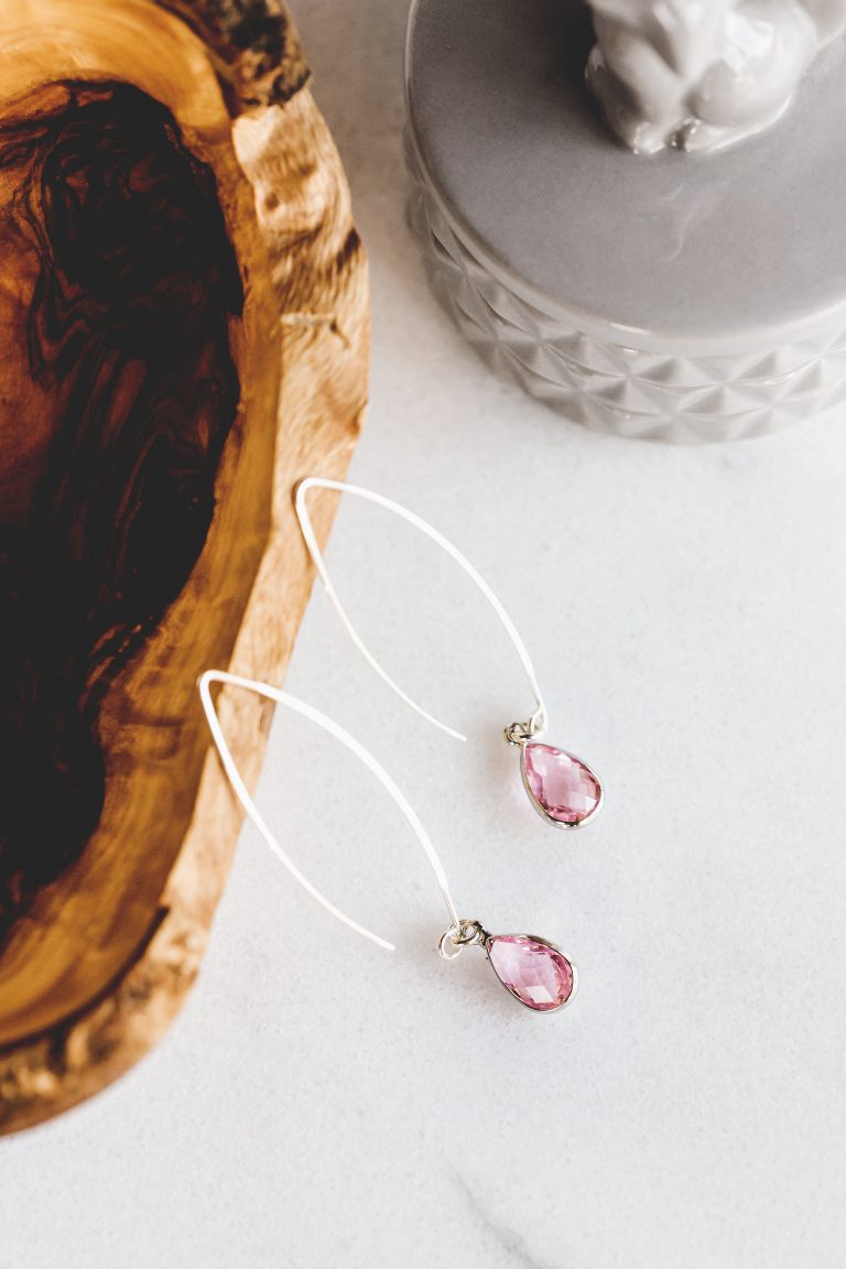 Threader Sterling Silver Earring with Teardrop Quartz Crystal Pendant Pink color